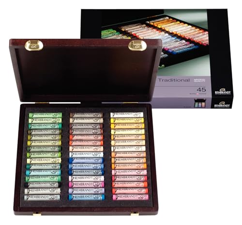 Rembrandt Set Pastello Morbido Professionale Scatola Di Legno Di Lusso | Selezione Paesaggio Tradizionale | 45 Pastelli Interi