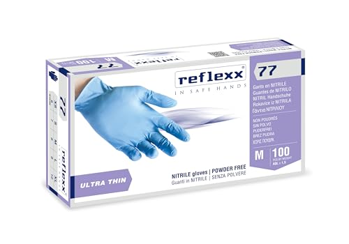 Reflexx 77100/M Guanti In Nitrile Senza Polvere Ultra Sottili E 100% Food, Taglia Medium. Monouso, Ambidestri, Senza Lattice.
