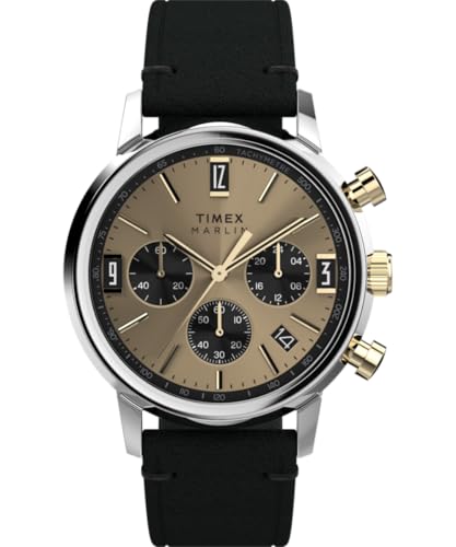 Timex Orologio Da Uomo Marlin Uomo Pelle - Vegan Cassa In Acciaio Movimento Al Quarzo In Oro Quadrante In Oro Cinturino In Eco Pelle Nera Con Fibbia F