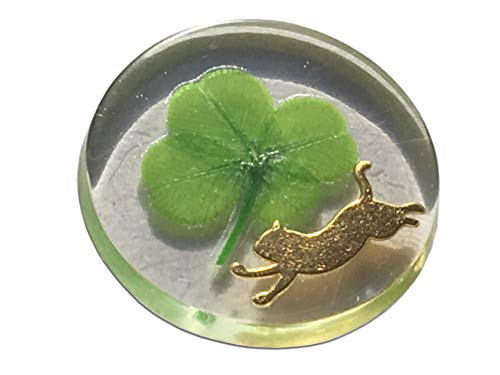Vero Trifoglio A Quattro Foglie, Gettone Tascabile Di Buona Fortuna, Conservato, 3,2 Cm (Inclusa Silhouette Gatto In Metallo)