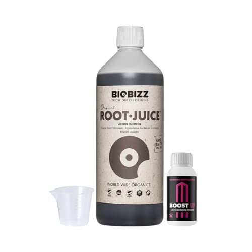 Growmania Root Juice Di Biobizz 1L + Campione Boost Up Nutrients + Bicchiere Misuratore | Stimolatore Organico Delle Radici | Ideale Per Orti E Giardi