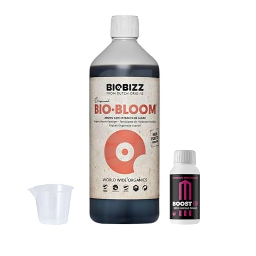Growmania Bio Bloom Di Biobizz 1L + Campione Boost Up Nutrients + Misuratore | Biobloom Fertilizzante Biologico Per La Fioritura Completa | Adatto A T
