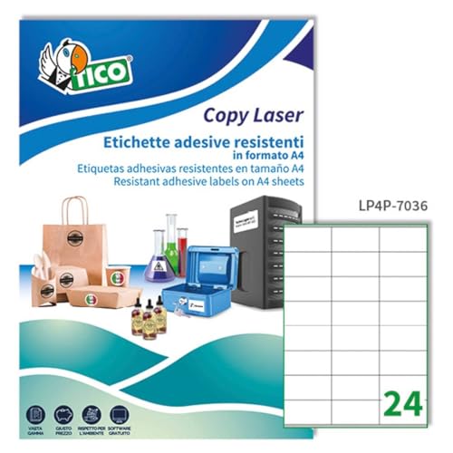 Tico Italia Lp4P-10536 Etichette Adesive Bianche Resistenti In Poliestere, 70 Fogli A4, Rettangolari 105X36Mm, 16 Etichette Per Foglio, Adesivo Perman