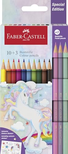 Faber-Castell 111219 - Set Di Matite Colorate Unicorno, 13 Pezzi, Infrangibili, Incl. Matite Pastello E Adesivi Unicorno