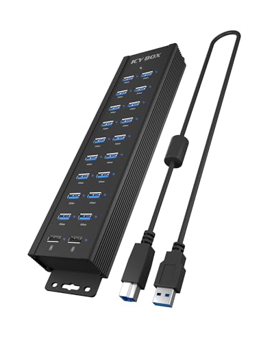 Icy Box Hub Usb 3.2 Gen 1 A 20 Porte Con Alimentatore Da 12 V / 3 A, Corpo In Alluminio E 2 Porte Di Ricarica Usb, Modello Ib-Hub1720-U3
