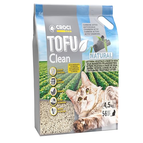 Croci Lettiera Tofu Clean 10L Carboni Attivi - Lettiera Gatti Agglomerante Antiodore Con Carboni Attivi, Biodegradabile Si Getta Nel Wc, 100% Vegetale