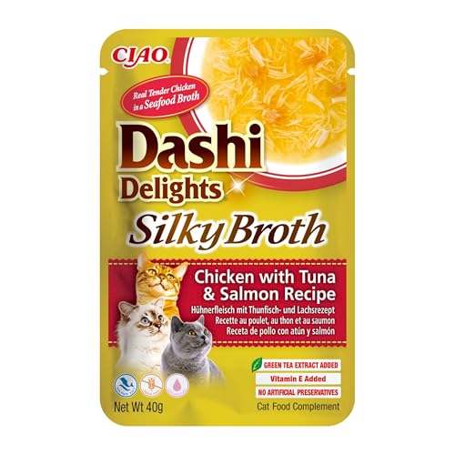 Inaba Dashi Delights Silky Broth, Delicati Fiocchi In Brodo Di Pollo Con Tonno E Salmone - Cibo Umido Per Gatti, Snack Per Gatti Con Proteine, Ingredi
