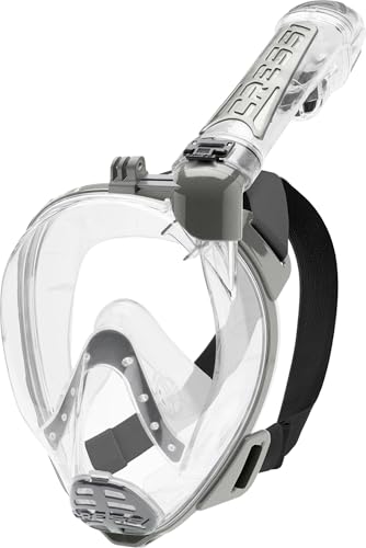 Cressi Duke Full Face Mask, Maschera Integrale Grande Visione Snorkel Dry Con Supporto Action Cam Unisex Adulto, Trasparente/Silver, M L