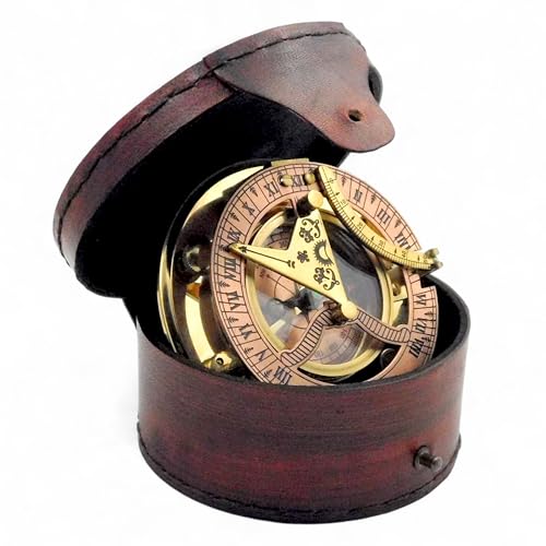 Antique Brass Sundial Compass With Elegante Leather Case