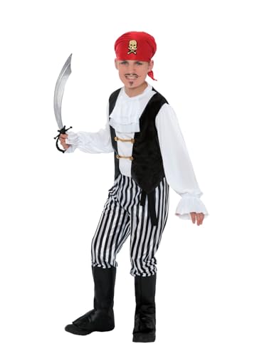 Smiffys Costume Da Pirata, In Bianco E Nero, Camicia, Pantaloni, Copri-Scarpe, Sciarpa, Cinta