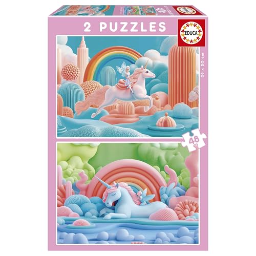 Educa - Set Di 2 Puzzle Per Bambini Da 48 Pezzi. Unicorni Magici. Dimensioni: 28 X 20 Cm. Consigliato Dai 4 Anni In Su (20223)
