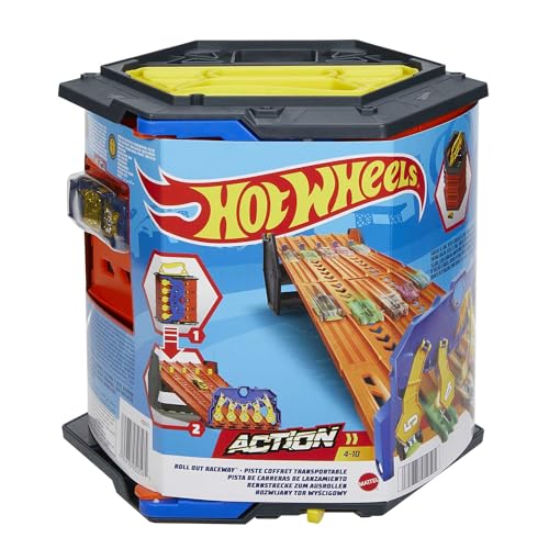 Hot Wheels- Pista Srotolabile Super Discesa, Bauletto Si Trasforma In Pista A 5 Corsie, Include 1 Macchinina In Scala 1:64, Imballaggio Sostenibile, G
