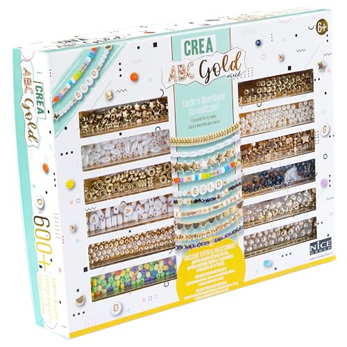 Nice Group - Perline Abc Gold Mixed, Kit Da Oltre 600 Perline Colorate E Multiformi
