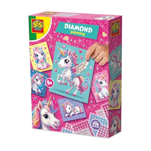 Ses Creative 14726 - Kit Creativo Per Pittura A Mosaico Con Unicorno, Per Bambini Dai 3 Anni In Su, Per Decorare 5 Biglietti Con Unicorno Con Adesivi
