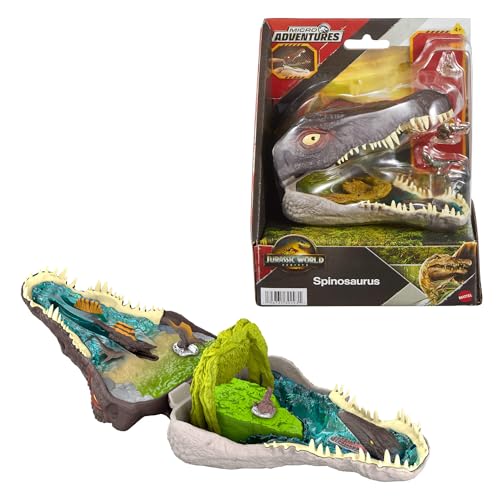 Mattel Jurassic World La Rinascita Micro Avventure, Playset Con Testa Di Spinosauro Che Si Apre Con 4 Funzionalità Interattive, 3 Micro Personaggi, D