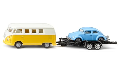 Siku 2567, Vw T1 Samba Con Rimorchio Da Trasporto E Vw Maggiolino, 1:50, Metallo/Plastica, Multicolore, Piano Di Carico Inclinabile