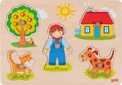 Goki 57306 - Puzzle Gatto E Cane - Puzzle Animale Con Manici In Legno Per Bambini Piccoli