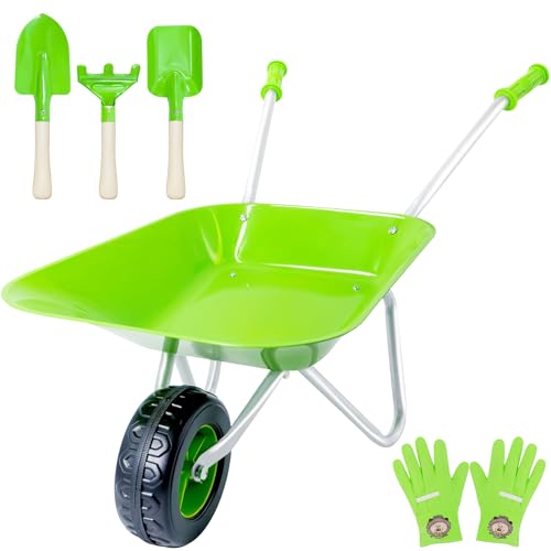 Yorfull Carriola Bambini Set, Kit Giardinaggio Bambini Con Carriola In Metallo, Paletta Giardinaggio, Rastrello Giardino E Guanti Giardinaggio Bambini