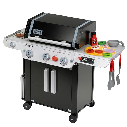 Theo Klein Weber 9445 - Barbecue Genesis, In Legno, Con Inserti Per Bistecca, Pizza O Verdure, Con Manichini E Posate Per Barbecue, Giocattolo Per Bam