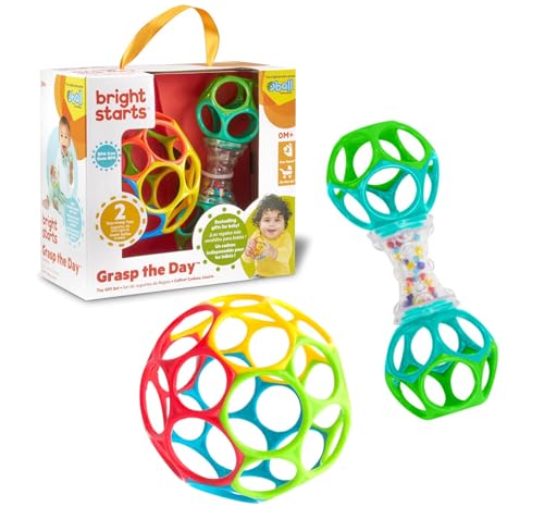 Bright Starts, Set Regalo Con Giocattoli Oball Facili Da Afferrare - Grasp The Day, Confezione Da 2 Giocattoli Con Pallina E Sonaglio, Privi Di Bpa, U