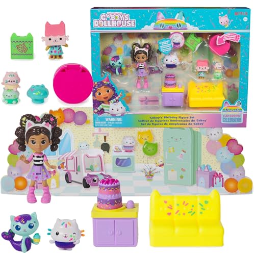 Gabby Casa Delle Bambole, Set Di Figurine Di Compleanno Cakey Con Gabby Girl, 4 Statuette, Giocattoli A Sorpresa E Accessori Per La Casa Delle Bambole