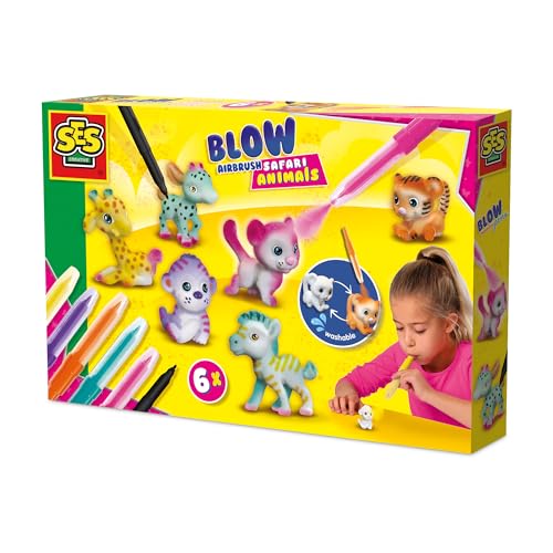 Ses Creative 14335 - Penne Aerografo, Motivo: Animali Safari, 6 Pezzi, Kit Creativo Per Bambini Dai 5 Anni In Su, Per Decorare 6 Personaggi Di Animali