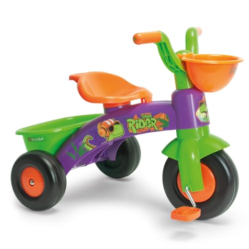 Triciclo Bambini 1 2 3 Anni Baby Trico Dino Rider Con Pedali + Cestino Giocattoli + Maniglia Trasporto + Ruote In Plastica Con Fascia In Gomma - Trici