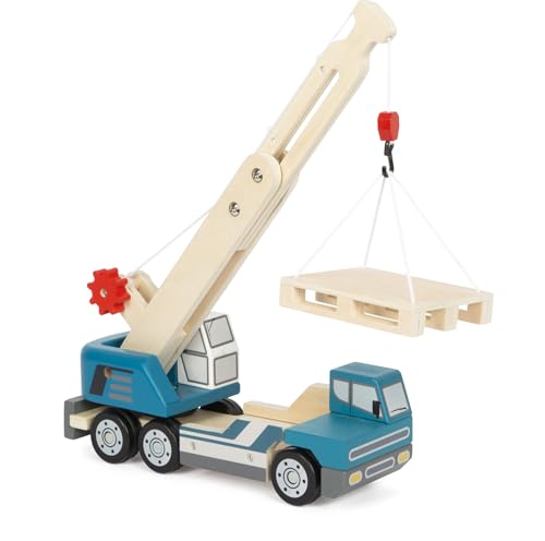 Small Foot Autogru Con Pallet In Legno, Veicolo Gioco Per Bambini Con Gru Girevole A 360° E Accessori, Dai 2 Anni, 12639, Colore Coloured