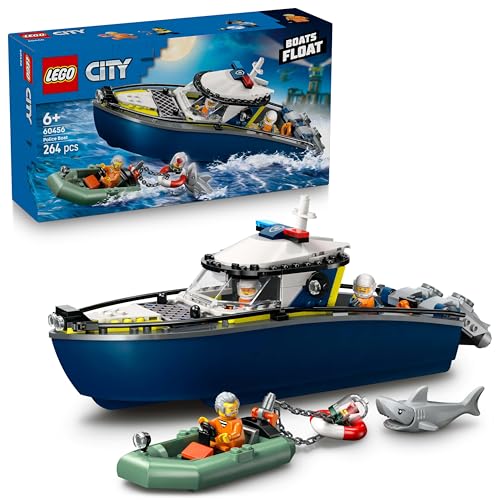 Lego City Inseguimento Del Motoscafo Della Polizia – Include 2 Barche Giocattolo, 3 Minifigure E Una Figura Di Squalo – Regalo Per Bambini E Bambine D