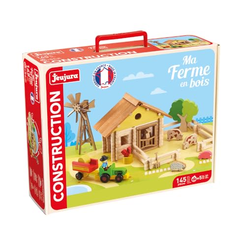 Jeujura – Ma Fattoria In Legno – 145 Pezzi - Gioco Di Costruzione Nella Sua Valigia Di Cartone - A Partire Dai 5 Anni - Agilità - Creatività - Manipol