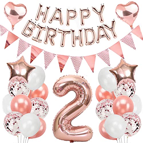 Oucenwin Palloncini 2 Anni Compleanno Oro Rosa, Giganti Foil Palloncini Numero 2, Palloncini Happy Birthday Ghirlanda, Banner Di Gagliardetto, Festa D