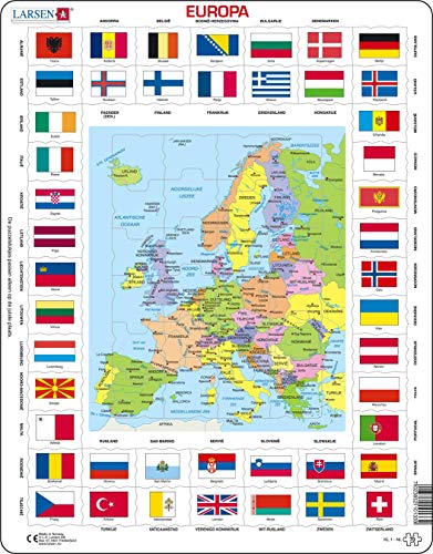 Larsen Kl1 Bandiere E Mappa Politica Dell'Europa, Edizione Olandese, Puzzle Incorniciato Con 70 Pezzi