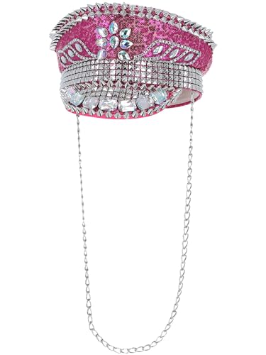 Smiffys Cappello Da Capitano Fever Deluxe Borchiato Con Paillettes, Rosa Shocking, Con Catena