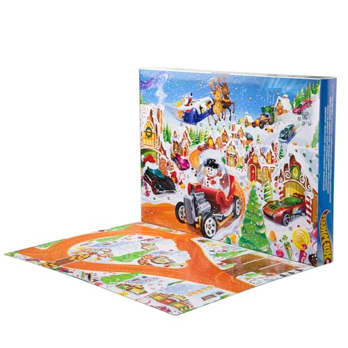 Hot Wheels - Calendario Dell'Avvento 2025, 24 Finestrelle Numerate Con Sorprese A Tema Natale, 10 Macchinine, 10 Clip E 14 Accessori Inclusi, Giocatto