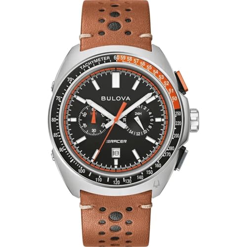 Bulova Orologio Uomo Crono Racer Fondo Nero 98B427 Cassa Acciaio Cinturino In Pelle Marrone