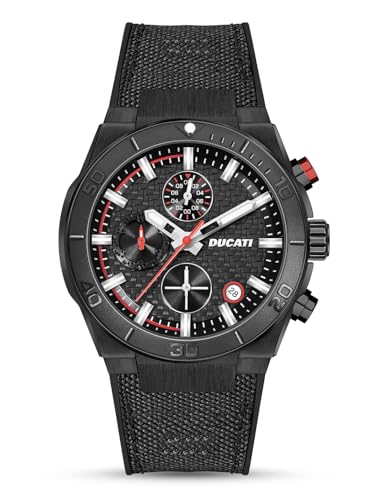 Ducati Dt007 - Orologio Cronografo Da 43,5 Mm, Quadrante Nero Testurizzato Con Accenti Rossi, Cinturino In Pelle Nera, Resistente All'Acqua Fino A 50 