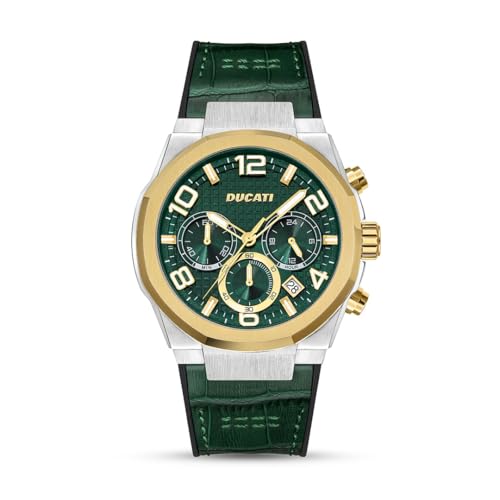 Ducati Dt006 Orologio Cronografo - Quadrante Multistrato Da 43,5 Mm, Cinturino In Pelle Verde Con Base In Silicone, Resistente All'Acqua Fino A 50 M, 