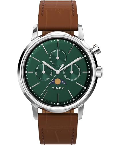 Timex Orologio Da Uomo Marlin 40 Mm, Cinturino A Sgancio Rapido In Due Pezzi In Pelle Marrone, Quadrante Verde, Cassa In Acciaio Inox Tw2W51000