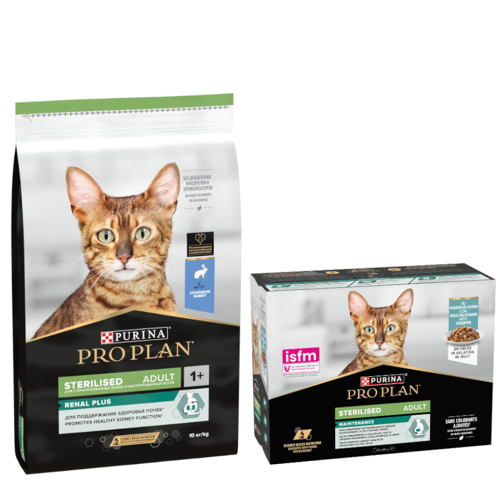 Purina Pro Plan Crocchette + 10 x 85 g umido Pesce di mare in Gelatina gratis! - 10 kg Sterilised Adult Renal Plus Ricco in Coniglio  + 10 x 85 g Pesc