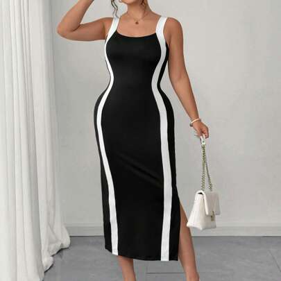 Elegante abito casual da pendolare in bianco e nero con spalline a midi, completo estivo da donna, abito aderente taglie forti per donna