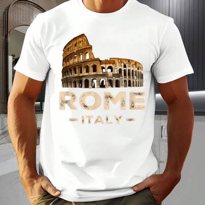 T-shirt da uomo con motivo "Roma Italia", 220 g/m², scollo tondo, puro cotone, maniche corte (1 pezzo)