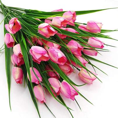 8 mazzi di tulipani artificiali, fiori finti resistenti ai raggi UV, piante verdi in plastica sintetica, arbusti per la casa, il giardino, la veranda,