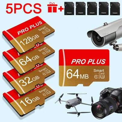 5 schede di memoria TF ad alta velocità, capacità effettiva Micro SD: 128 GB/64 GB/32 GB/16 GB/8 GB/4 GB/2 GB/1 GB/512 MB/256 MB/128 MB/64 MB | Con ad