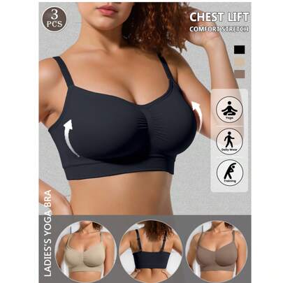 3 pezzi Reggiseno sportivo senza cuciture per donna, reggiseno con pieghe, canottiera intimo, imbottitura del reggiseno rimovibile - adatto per yoga,