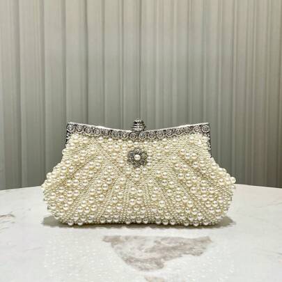 Clutch da sera bianca con pesanti perline, borsetta vintage da donna