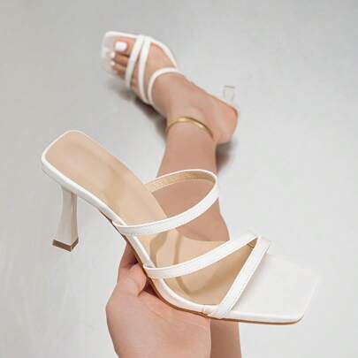 Sandali infradito con tacco alto chunky donna, decorati con cristalli, comodi per l'uso quotidiano, all'aperto, feste, mules estive bianche