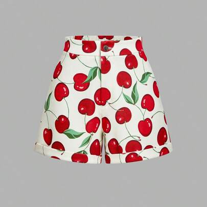 Pantaloncini corti ampi con stampa a ciliegie, pantaloncini casual da spiaggia, abbigliamento da donna da resort, abbigliamento da donna da campagna,