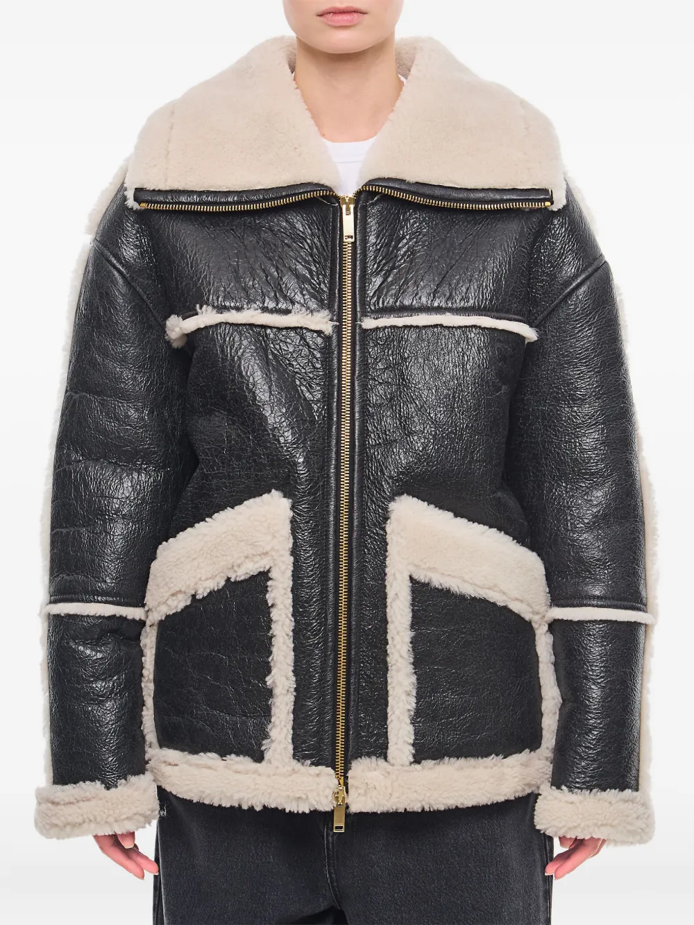 Halfboy leather panelled shearling jacket - Nero
