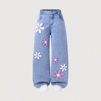 Jeans a zampa di elefante con design strappato lavato, decorazione a fiocco di neve, ricamato, adatto a ragazze pre-adolescenti