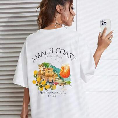 Novità Primavera/Estate 2025, T-shirt oversize da donna con stampa ispirata alla costiera amalfitana, stile mediterraneo, in 100% cotone, traspirante